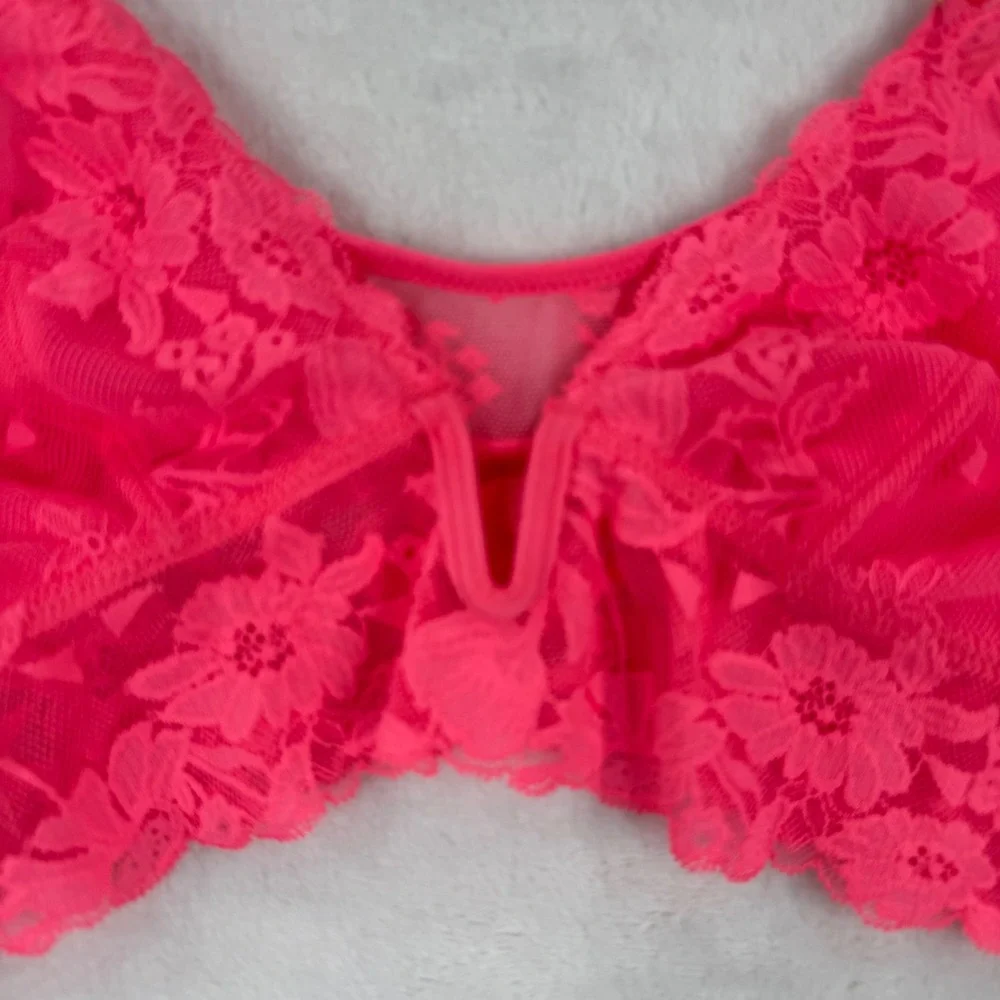 Aerie Real Good Lace Bralette Neon‎ Pink Floral V-Neck Mesh Longline Small